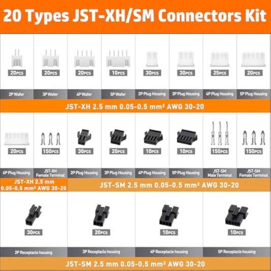 JST Crimping Tool Kit, 2.54mm JST XH &JST SM Connectors Set has 20 Types, with Wire EDM Crimper Pliers + Tote Toolbox | PEBA 0.03-0.5mm²(AWG32-20) Ratcheting Crimper, for JST Series, Dupont, Molex