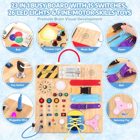 Konijiwa 23 in 1 Toddler Toys Montessori Busy Board for 1 2 3 Year old Boys Girls Wooden Toys with With 15 Switches, 26 LED Lights Switch, Music boxes, zippers Sensory Learning Toys