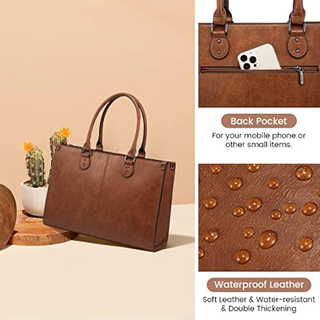 LOVEVOOK Laptop Bags for Women,15.6 Inch PU Leather Tote Bag with Wristlet Pouch, Retro Ladies Handbag Shoulder Bag Briefcase for Work School Office Business,Brown