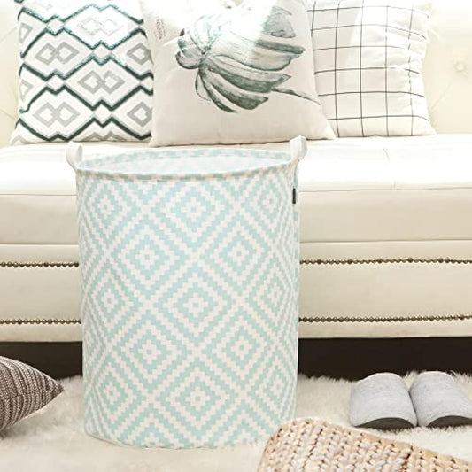 Sea Team 19.7 Inch Large Sized Waterproof Coating Ramie Cotton Fabric Folding Laundry Hamper Bucket Cylindric Burlap Canvas Storage Basket with Stylish Bohemia Mint Design