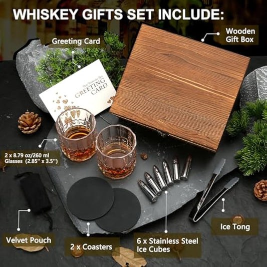 Sovyime Whisky Gift Set - Whiskey Glasses Set of 2, Whisky Glass & 6 Stainless Steel Whiskey Stones&Wooden Box, Whiskey Gift Sets for Men, Birthday Gifts for Men Dad Father Husband Brother Groomsmen