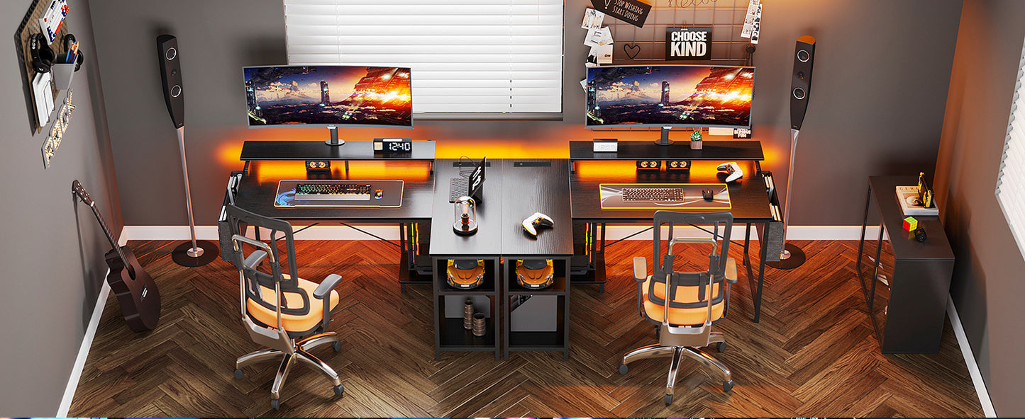 Coleshome L Shaped Gaming Desk with LED Lights, 120 × 80 cm Computer Desk with Power Outlet, Black