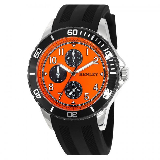 Henley Mens Multi Eye Polished Silver Sports Orange Dial Black Silicone Watch H02229.8