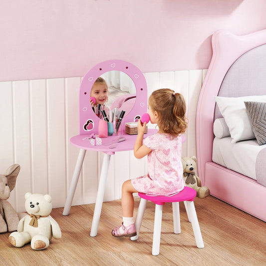 AIYAPLAY Kids Dressing Table with Mirror and Stool, Girls Vanity Set for Kids