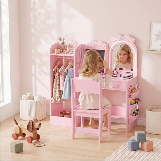 AIYAPLAY Kids Dressing Table, 3-in-1 Kids Vanity Set with Stool, 2-Colour