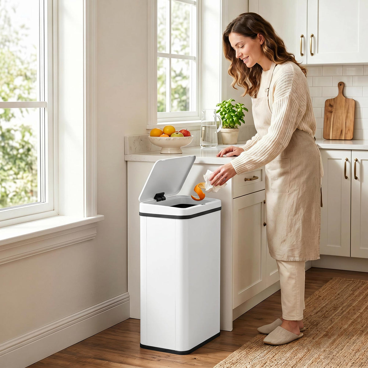 HOMCOM 50L Sensor Bin with Soft-Close Lid, Stainless Steel Automatic Touchless Motion Sensor Kitchen Bin, White