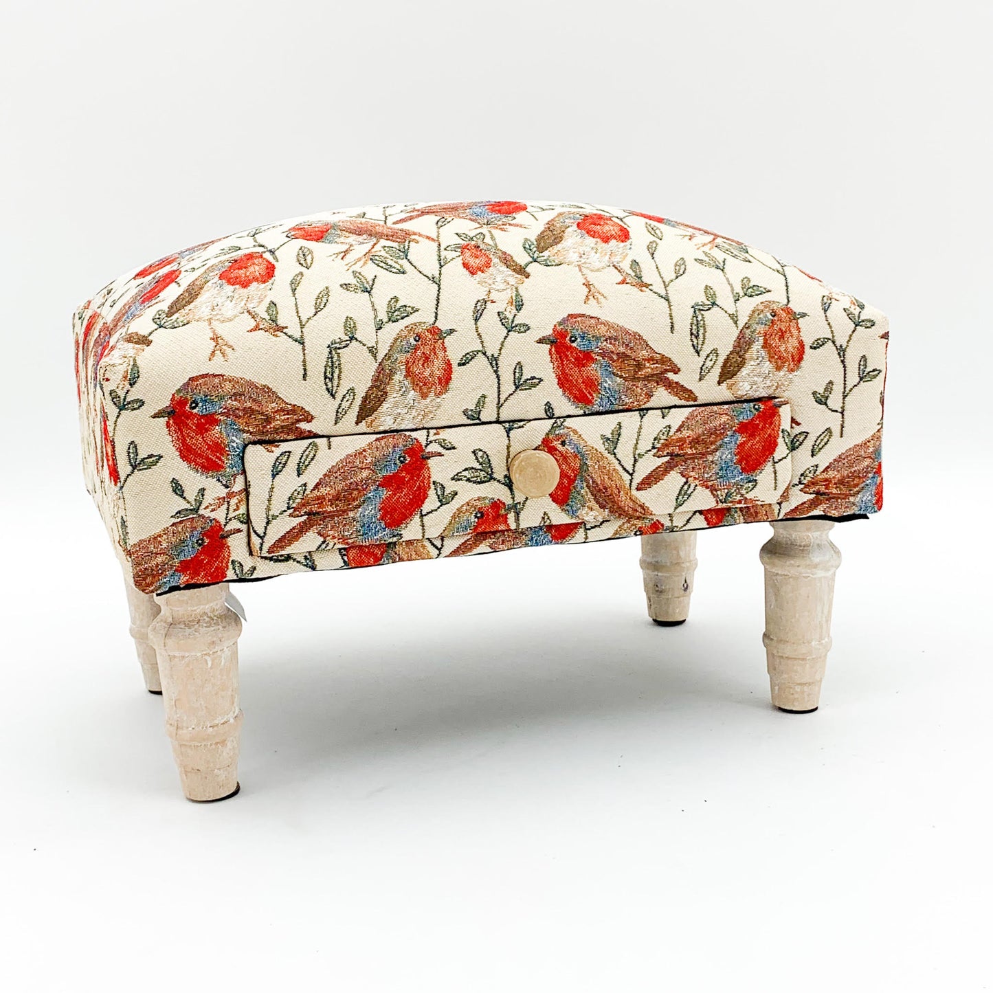 AcaciaHome Stylish & Durable Tapestry Deluxe Upholstered Ottoman Footstool with Drawer - Solid wood Lounge Padded Removable Legs Stool for Home, Bedroom, Living Space or Office (Robin Bird)