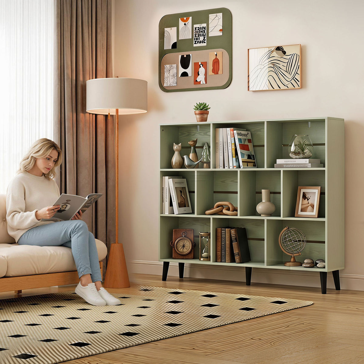 HOMCOM 10-Cube Bookcase, 3-Tier Book Shelf with Solid Wood Legs, 140 cm Modern Bookshelf with Anti-Tip Kit, Light Green