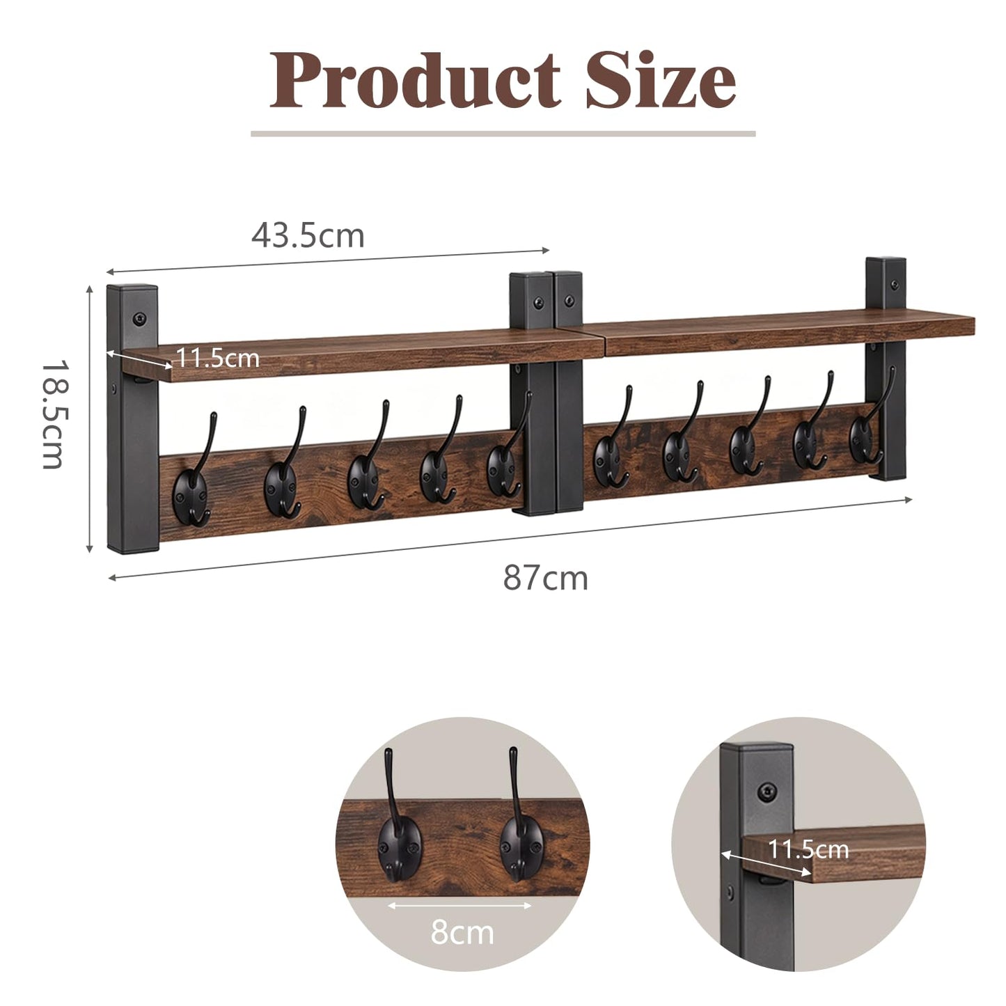 DongRong Coat Rack with Shelf 87cm, 10 Coat Hooks, Metal & Wood, Set of 2