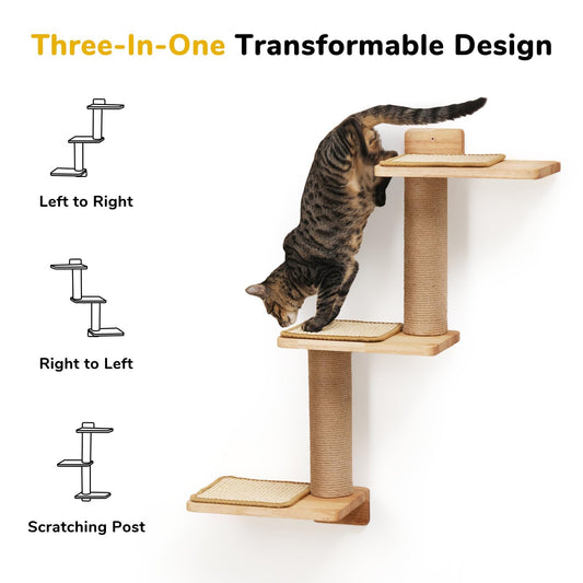 FUKUMARU Cat Climbing Shelf Wall Mounted, Natural Rubber Wood Material, Cat Stairway with Jute Scratching Post for Cats Perch Platform Supplies