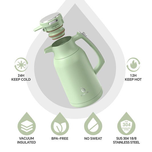 IDEUS Vacuum Insulated Coffee Carafe, 68 oz (2 Liters) Stainless Steel Milk Jug Thermal Tea Pot Hot & Cold Water Beverage Dispenser (Avocado Green)