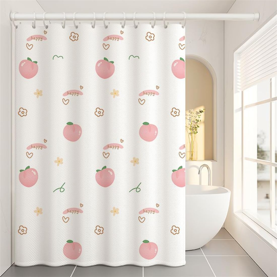 Lkw Ogechi 200CM Drop Waterproof Shower Curtain Peach, 300x200 CM White Pink Polyester Shower Curtain, Anti-Mould Bathroom Shower Curtain Peach,