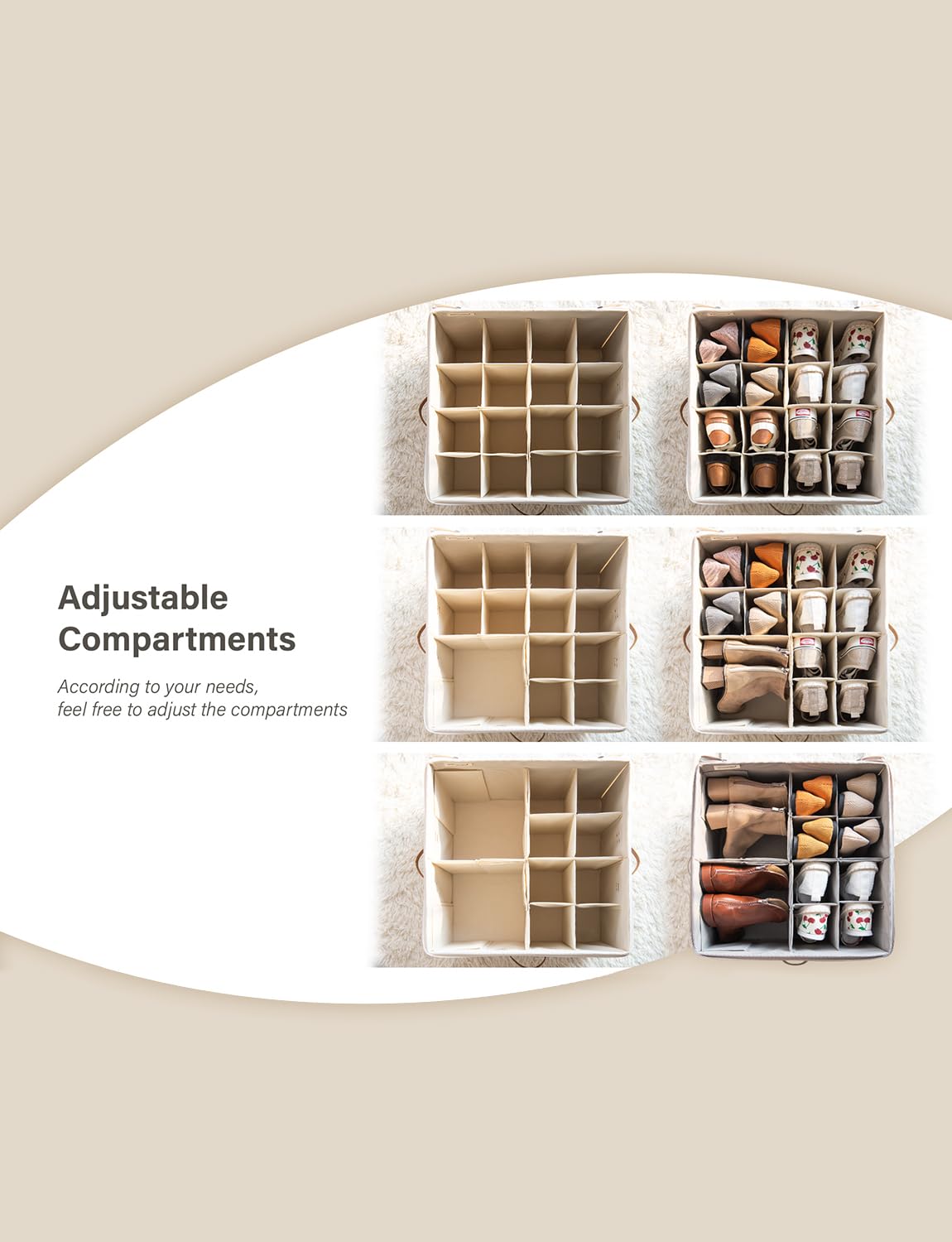 StorageWorks Shoe Organizer for Closet, Extra Large Fabric Shoe Storage Bins with Clear Cover, Adjustable Dividers for Shoe Storage, Mixing of Brown &