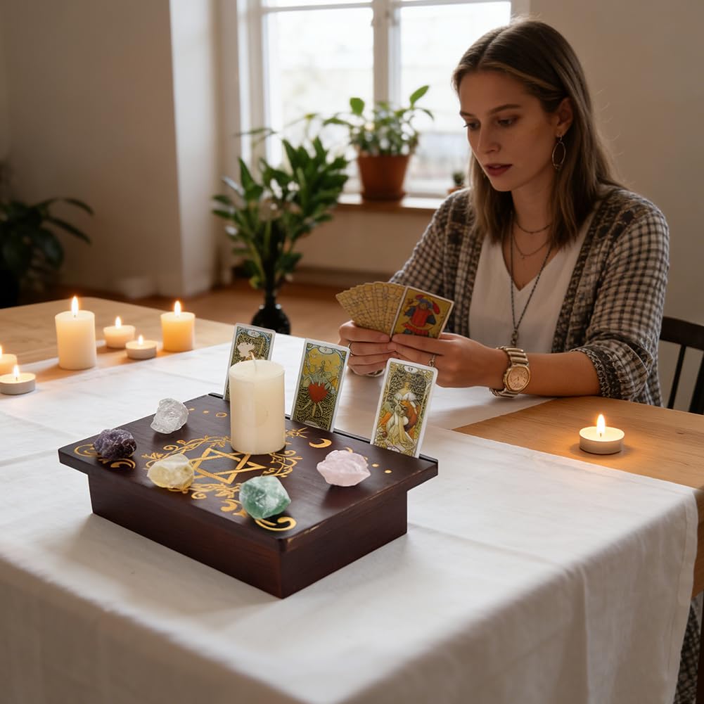 PH PandaHall Altar Table, 1.8x7.9x2.7in Wooden Meditation Storage Box Pentagram Moon Wiccan Tables Meditation Table with Storage Space and Card