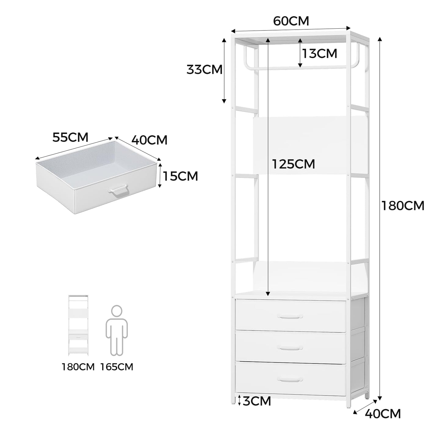 VOWNER Hall Tree Entryway Coat Rack 3-Drawer Bench White Hanging Rod