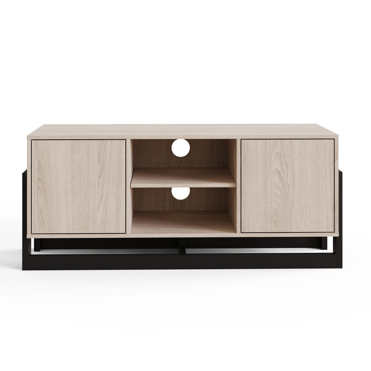 GFW Taite Oak 2 Door TV Unit, Modern TV Cabinet with Storage, Open Media Shelves and Black Metal Frame for TVs up to 50 Inches