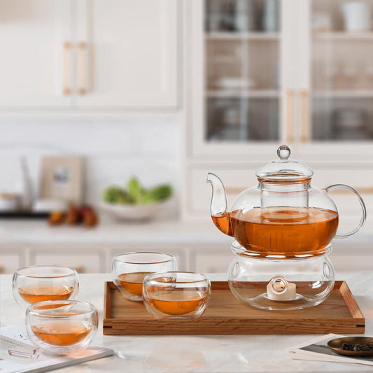 CnGlass 1000ml/33.8oz Glass Teapot with Removable Infuser,Stovetop Safe Tea Kettle with 4-Pack 100ml Teacups and Glass Tea Warmer 5.3in/13.5cm