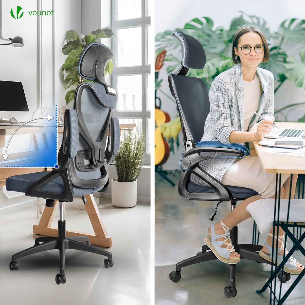 VOUNOT® Ergonomic Office Desk Chair, High Back Computer Chair, Executive Swivel with Adjustable Lumbar Support & Headrest for Home Office, Grey