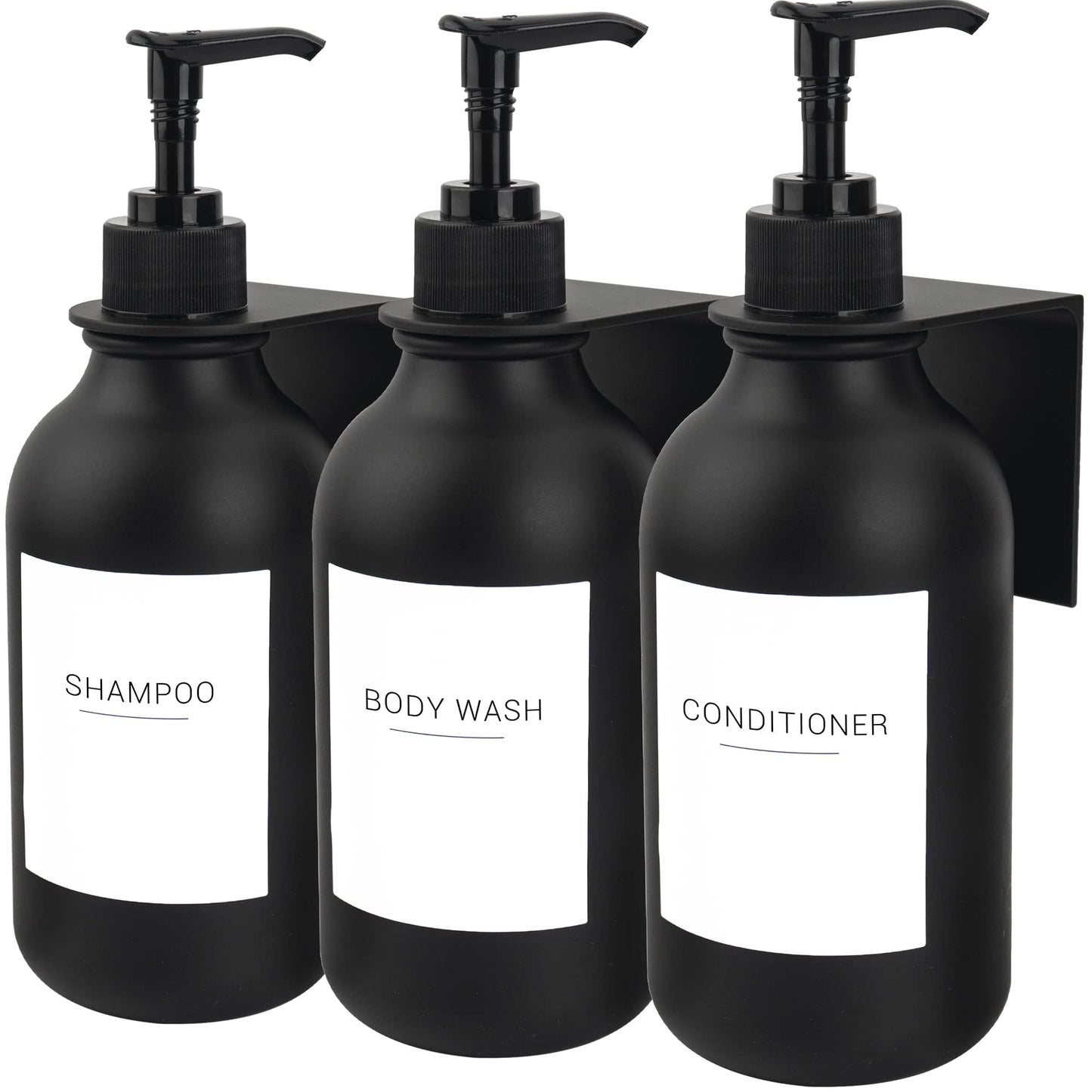 Ezebesta Pack of 3 Black 500ml Soap Lotion Pump Dispensers with 22 Labels and 3 Wall-Mounted Rack Bathroom Organization