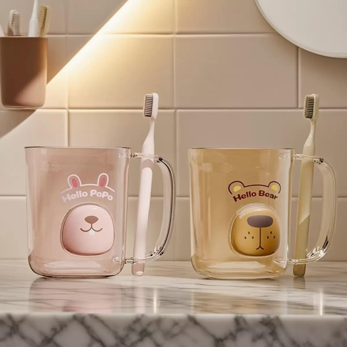 Household Simple Toothbrush Cup, Transparent Mouthwash washing Cup Cartoon Toothbrush holders Unbreakable Bathroom Tumbler Cup with Handle (Yellow)
