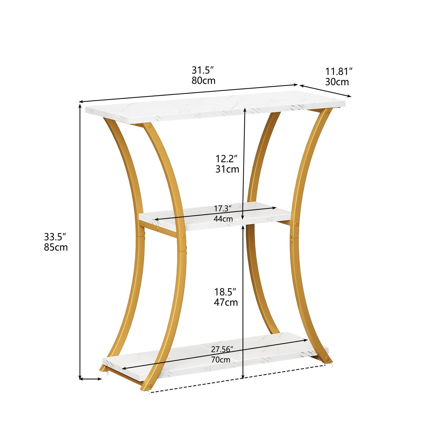 Trironsun Rustic Narrow Console Table with 3 Tiers, Slim Hallway Table with Curved Metal Frame and Open Shelves