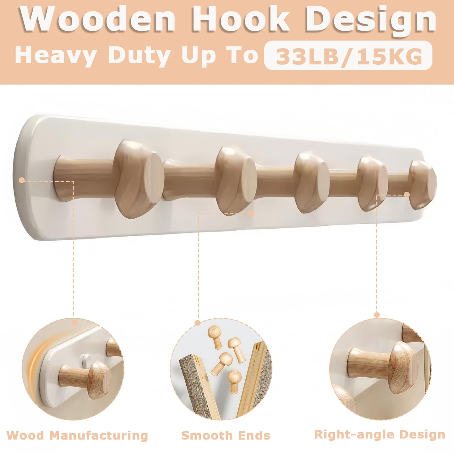 QMAHA Coat Rack Wall Mounted, Wooden Coat Rack Wood Wall Hooks Coat Hook for Wall, Wooden Coat Hooks Wall Mounted (All Fixings Included)