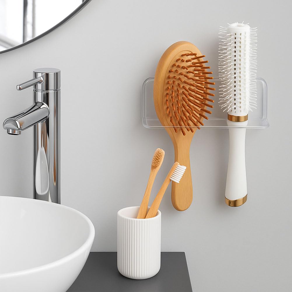 CRAFTYMELODY 2Pcs Acrylic Hair Brush Holder 2-Slot Rectangle Wall Mounted Comb Organizer Holder for Bathroom with Adhesive Stickers Clear Hairbrush