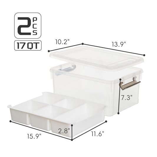 Citylife 2 Packs 16L Plastic Storage Boxes with Removable Tray Clear Plastic Box large Storage Box with Lid Stackable Storage Boxes for Organizing