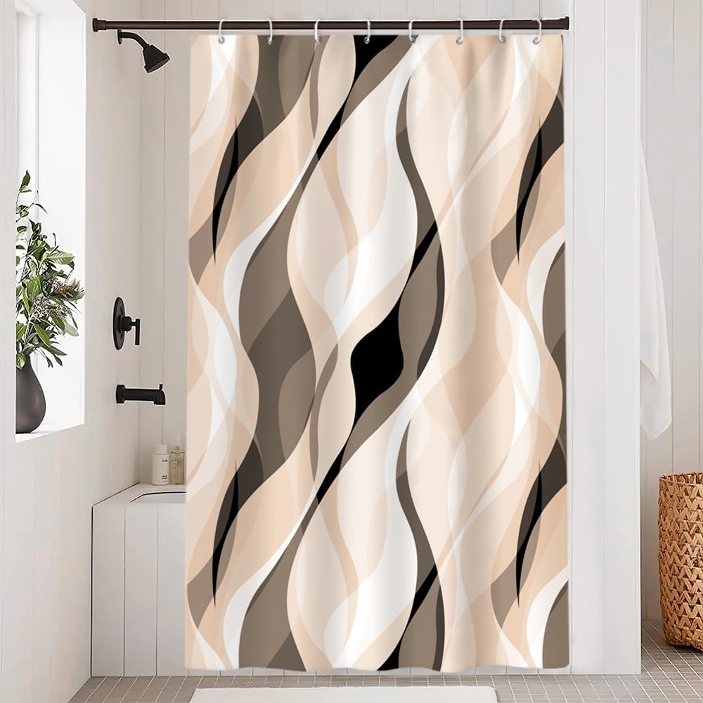 Uiiooazy Anti-Mould Shower Curtain, Cream Abstract Striped Brown Striped Bath Curtain Fabric Waterproof Polyester Washable Bathroom Curtains with 8