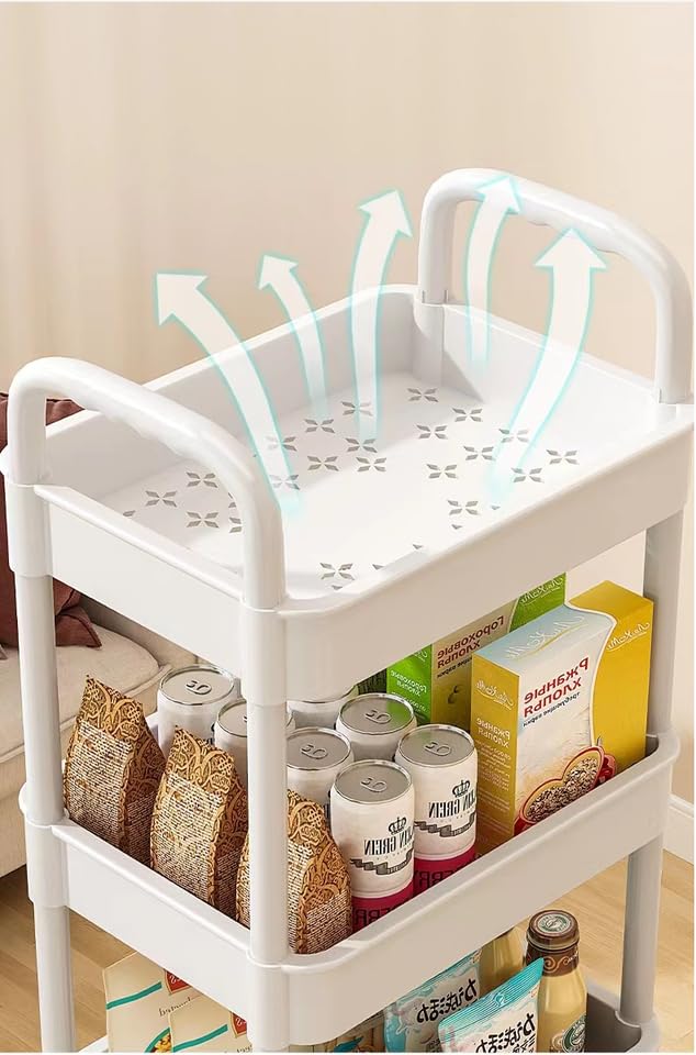 Multibao 3 Tier Storage Trolley Cart on Wheels Plastic Mobile Rolling Trolley For Kitchen Bathroom Laundry Rolling Rack 27D x 39W x 73H CM (White)