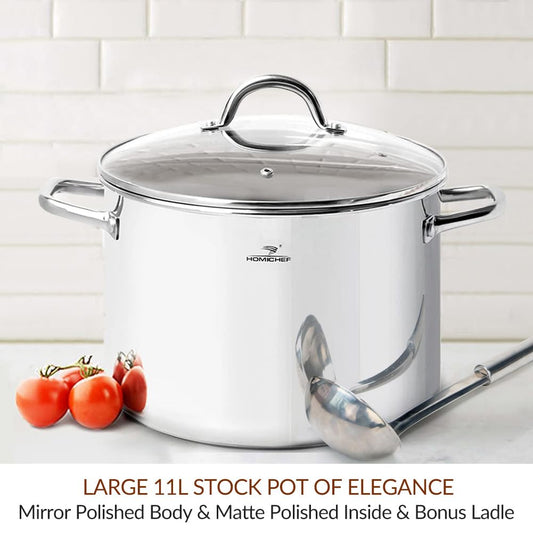 HOMICHEF Large Nickel Free Stainless Steel Stock Pot with Lid (29 cm, 11 Litre) - Mirror Polished Stock Pot 11L with Lid - Heavy Soup Pot with Lid -