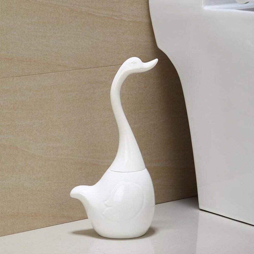 Toilet Brush and Holder, Bathroom Full Closed Toilet Brush Set Base long Plastic Handle Cleaning Brush Novelty Swan toilet brush (White)
