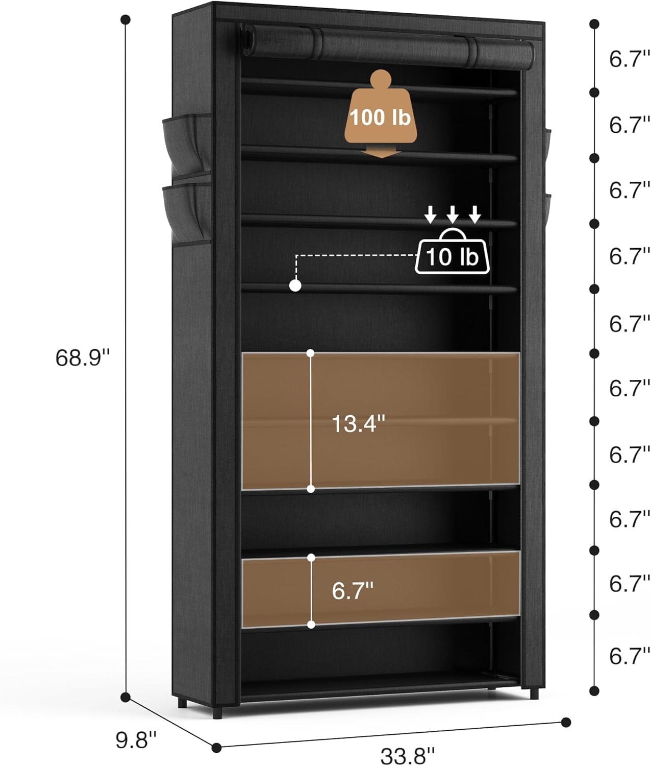 SRRSO 10 Tier Shoe Rack with Dustproof Cover, Large Capacity Shoe Storage Tall Shoe Shelves Holds 40-45 Pairs Shoes for Inside Wardrobe