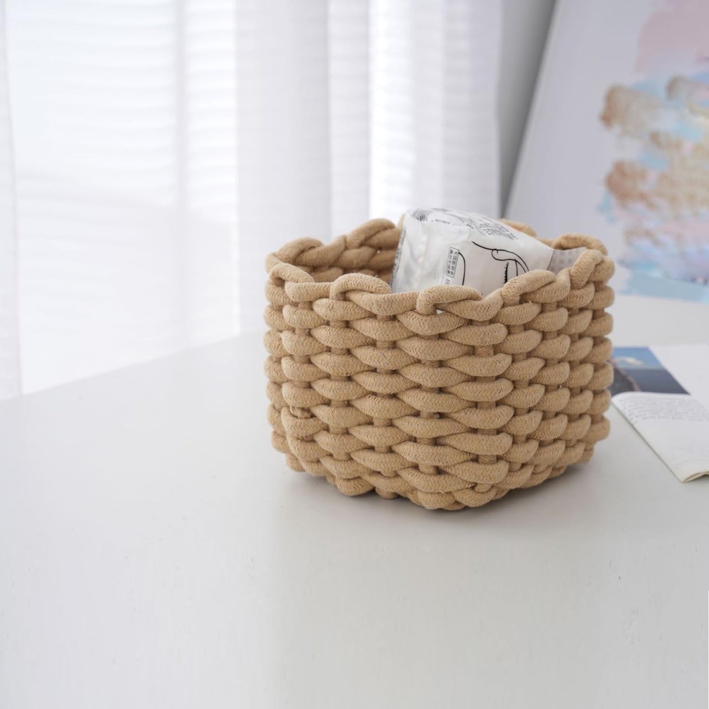 JJQHYC Cotton Rope Basket Woven Storage Baskets Brown Rope Desktop Basket Organizer Bathroom Storage Baskets for Cupboard Nursery Decor