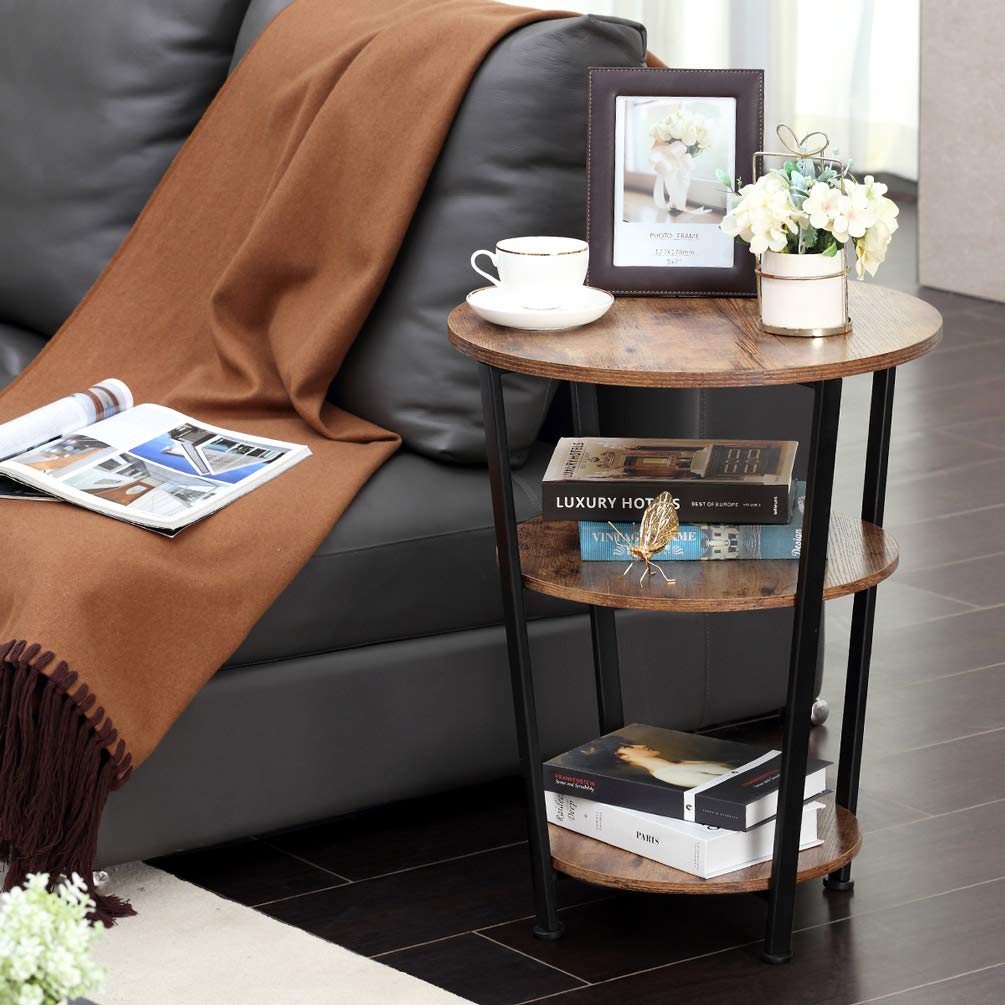 DREAMSOULE Industrial End Table, 3 Tiers Round Side Table with Sturdy Metal Frame, Round Sofa Table, Vintage Nightstand for Living Room Bedroom