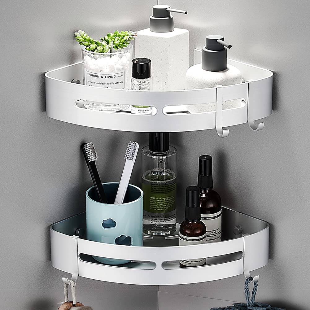 Yeegout No Drill Bathroom Corner Shelves with Removable Hooks Sand Glossy Aluminum Adhesive Shower Caddy Storage(Silver Corner)