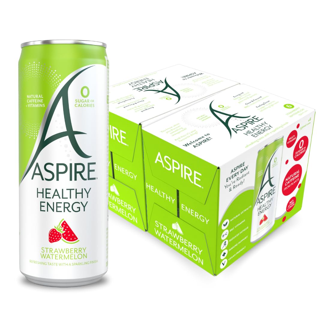 ASPIRE Healthy Energy Drink ? 12 x 330ml Cans ? Zero Calories & Zero Sugar ? Natural Plant Based Caffeine & Multivitamins- Vegan & Gluten Free