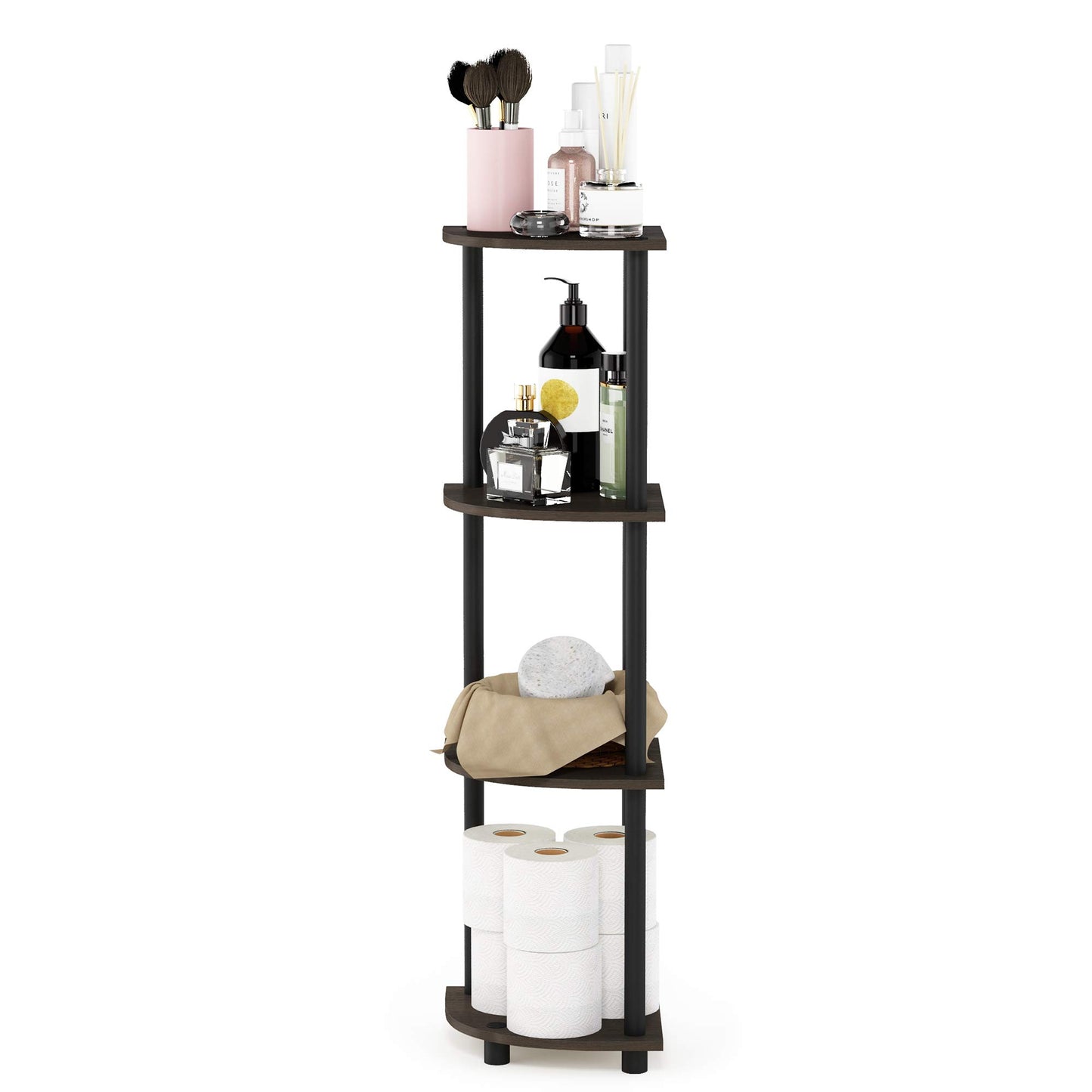 Furinno TURN-N-TUBE Toolless Assembly 4-Tier Corner Shelf, Black Corner Book Shelf, Open Shelves Bookshelf, for Organization and Storage, Living Room