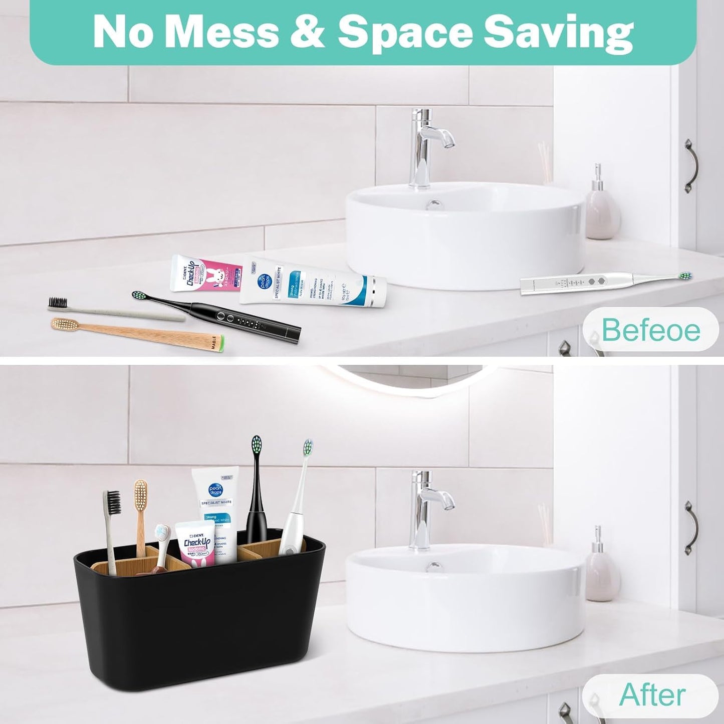 Bingobang Toothbrush Holder for Bathroom, Bamboo Electric Toothbrush and Toothpaste Holder with 5 Storage Slots