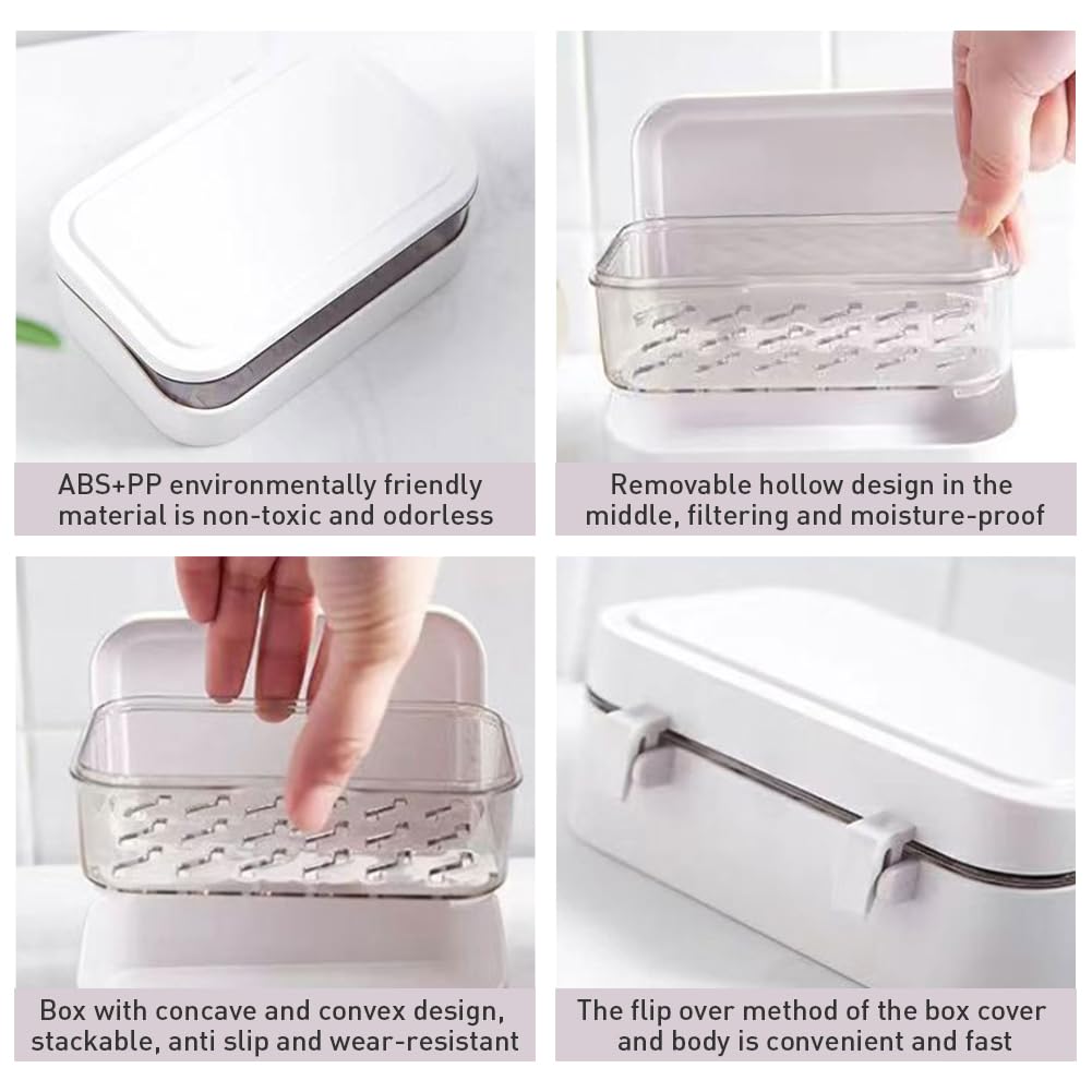 Soap Case Holder, 2 Layers Soap Dish Tray with Removable Drainer and Lid, Portable Rectangular Soap Dish Container for Bathroom Shower Gym Laundry