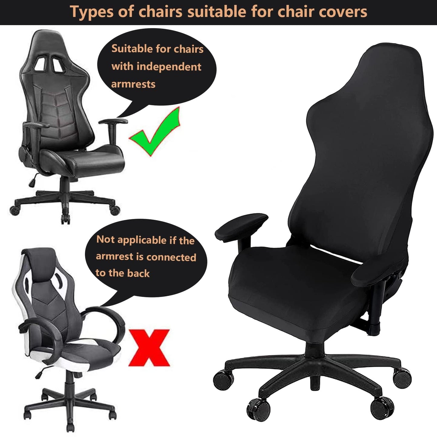MiseYu Gaming Chair Cover, 4pc Set (Armrest & Back & Seat Covers), Stretchable, Black, Modern Style, Gaming & Office Chair Cover
