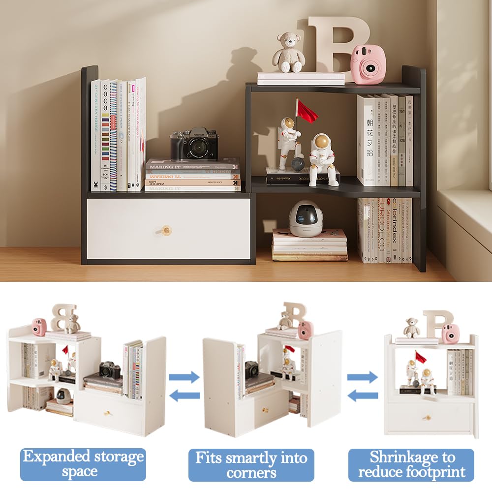 Expandable Desktop Bookshelf, Freestanding Adjustable Office Storage Rack