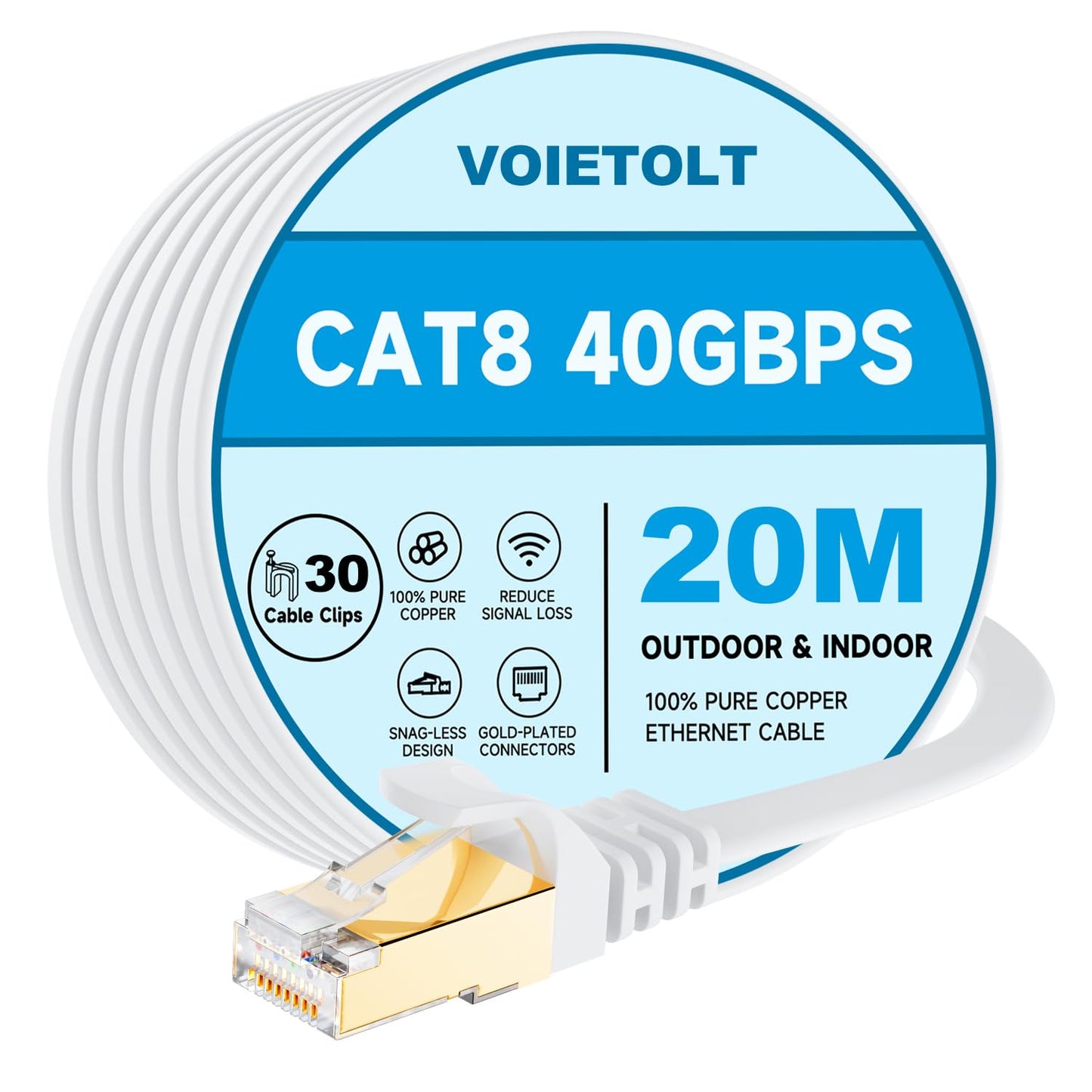 VOIETOLT Cat8 Ethernet Cable 20M, 40Gbps/2000Mhz Flat High Speed Network Cable, STP RJ45 Gigabit Cat-8 Lan Internet Cable for PS4/5, for Modem - White