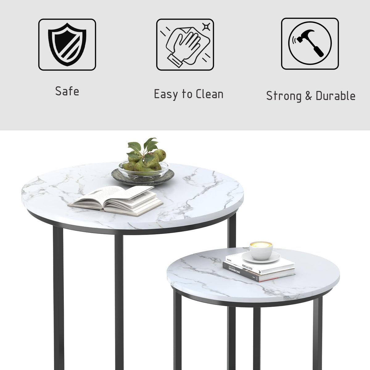 Garden 4 you Nest of Tables Set of 2,Round Coffee Table for Living Room,White Removable Coffee Table Set,Nesting Tables End Table for Living Room