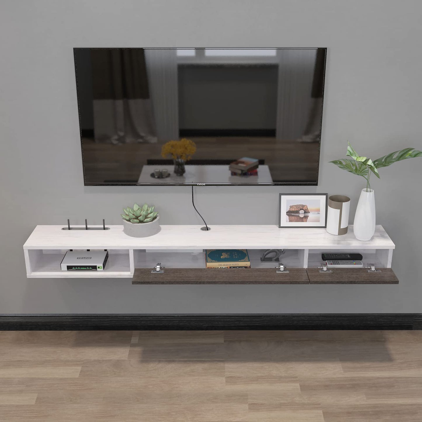 Pmnianhua Floating TV Unit, 47'' Wall Mounted TV Cabinet, Floating Shelves with 2 Doors