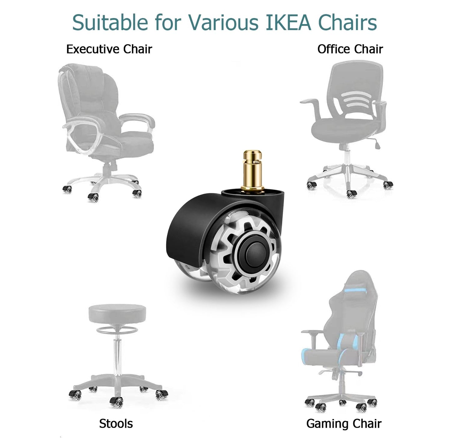 Office Chair Wheels 10x22 mm for 1KEA, Set of 5 Rubber Chair Castors for Gaming Chairs, Office Chair Wheels Replacement Castors for Hard Floors