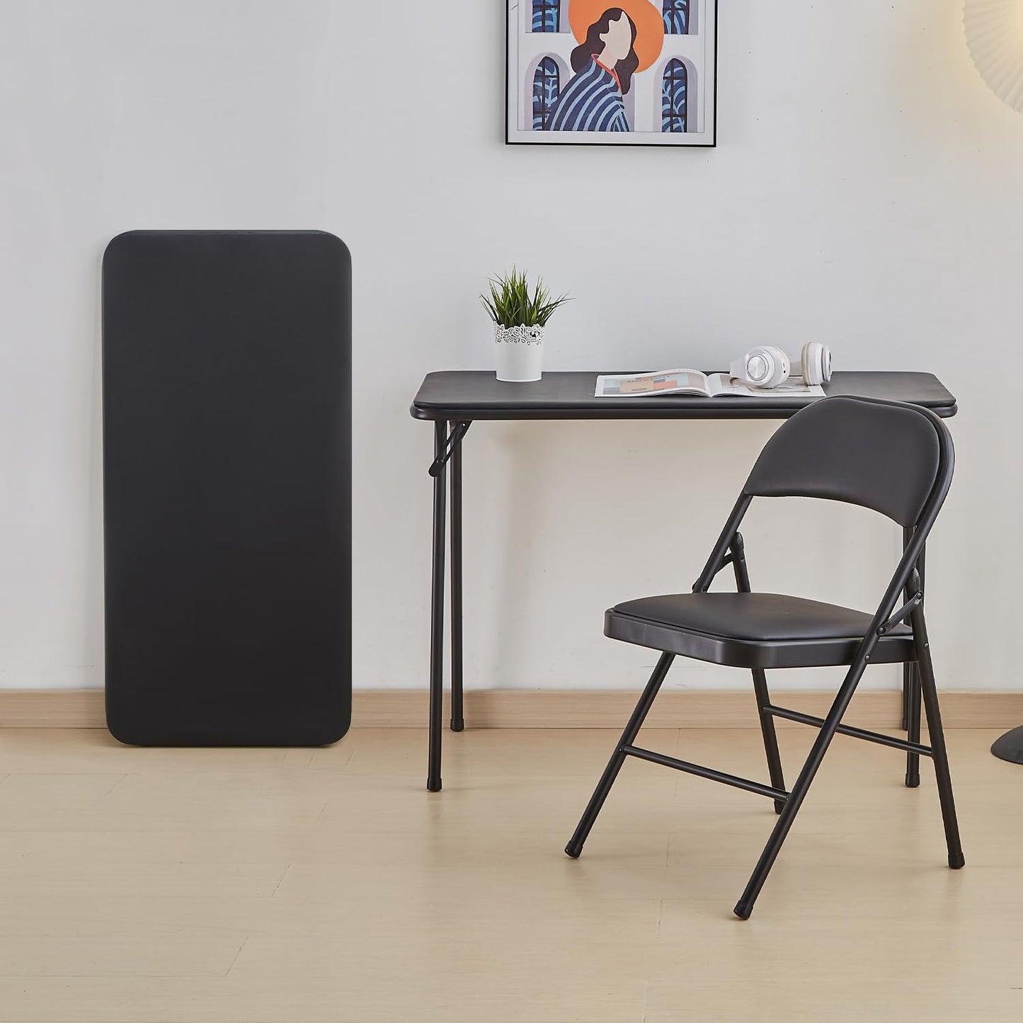 KAIHAOWIN Metal Folding Table, Small Foldable Desk with Vinyl Top, Powder-Coated Steel Legs
