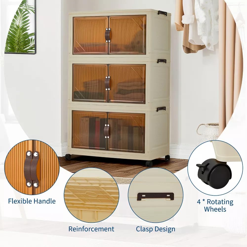 Foldable Wardrobe 28.3 x 15.3 x 44.9in, Plastic Folding Chest of Drawers with Magnetic Doors, Sturdy Multi-Purpose Cabinet for Children's Clothes