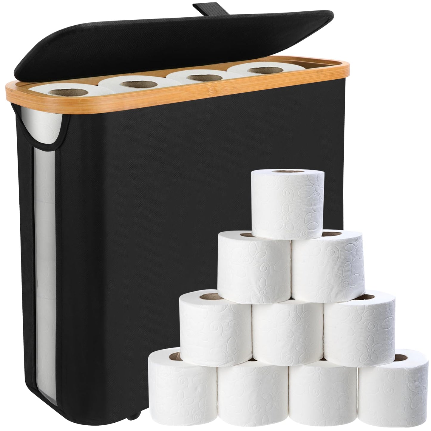 SelfTek Toilet Roll Storage, Toilet Paper Storage with Lid and Side Window Bathroom Toilet Roll Storage Box Multifunctional Foldable Toilet Paper