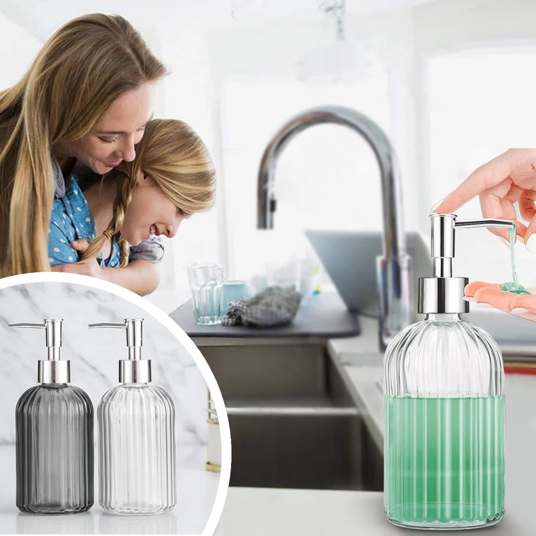 2 Pack Glass Soap Dispenser Bottle with Pump,14 Oz Clear Glass Jar Soap Liquid Hand Soap Dispenser, Refillable Liquid Hand Jar Dispenser for Bathroom